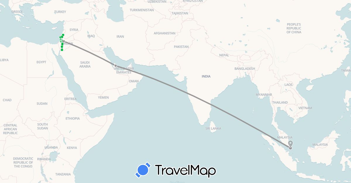 TravelMap itinerary: bus, plane, hiking, boat in Israel, Jordan, Palestinian Territories, Qatar, Singapore (Asia)